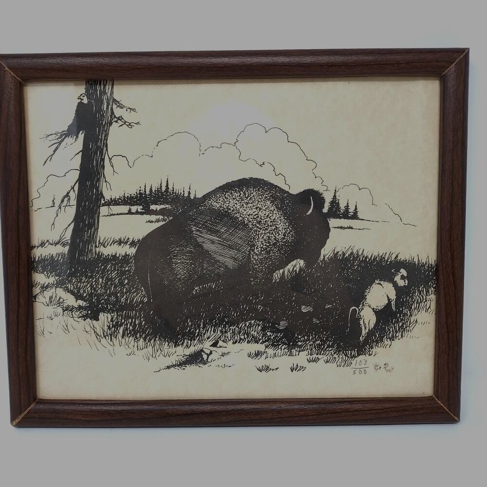Vintage Framed Signed Numbered Print Bison Buffalo w/ Calf Eagle 9 x 11 Dad Gift